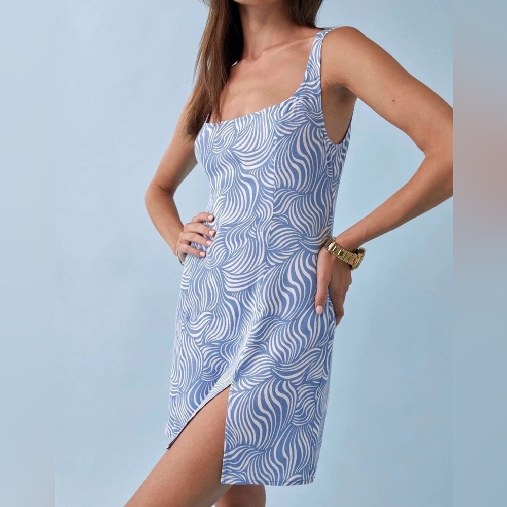 REFORMATION Noha Baby Blue Zebra Stripped Mini Summer Dress